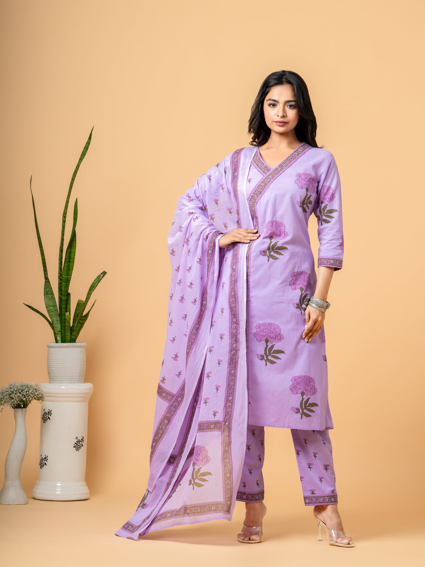 Lavender Floral Print Angrakha Cotton Suit