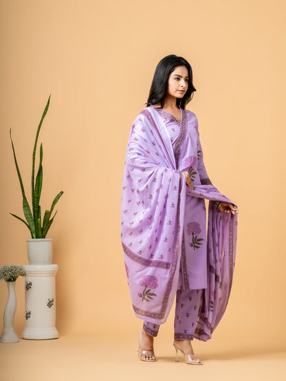 Lavender Floral Print Angrakha Cotton Suit