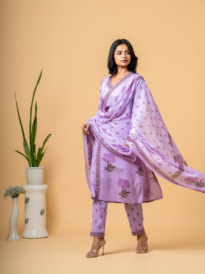 Lavender Floral Print Angrakha Cotton Suit