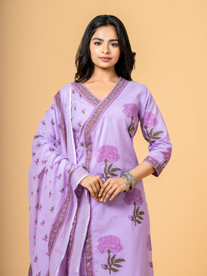 Lavender Floral Print Angrakha Cotton Suit