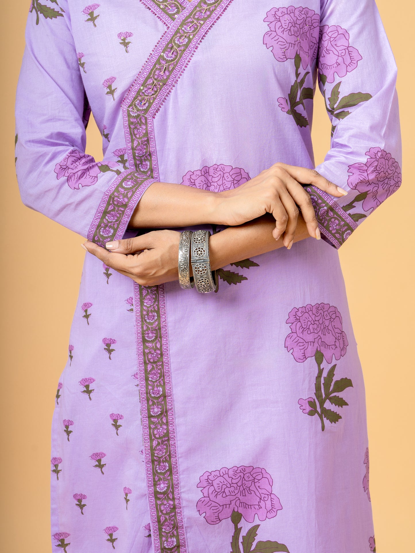 Lavender Floral Print Angrakha Cotton Suit