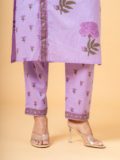 Lavender Floral Print Angrakha Cotton Suit