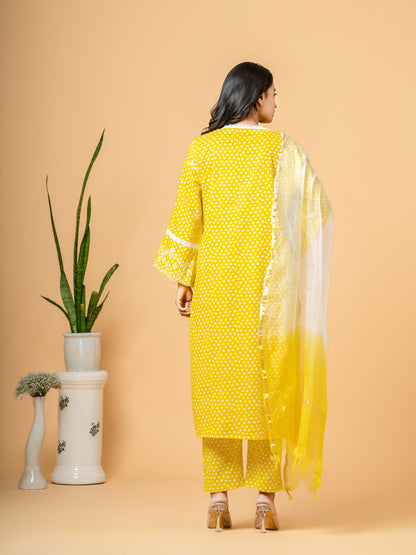 Yellow Polka Dot Lace Work Cotton Suit