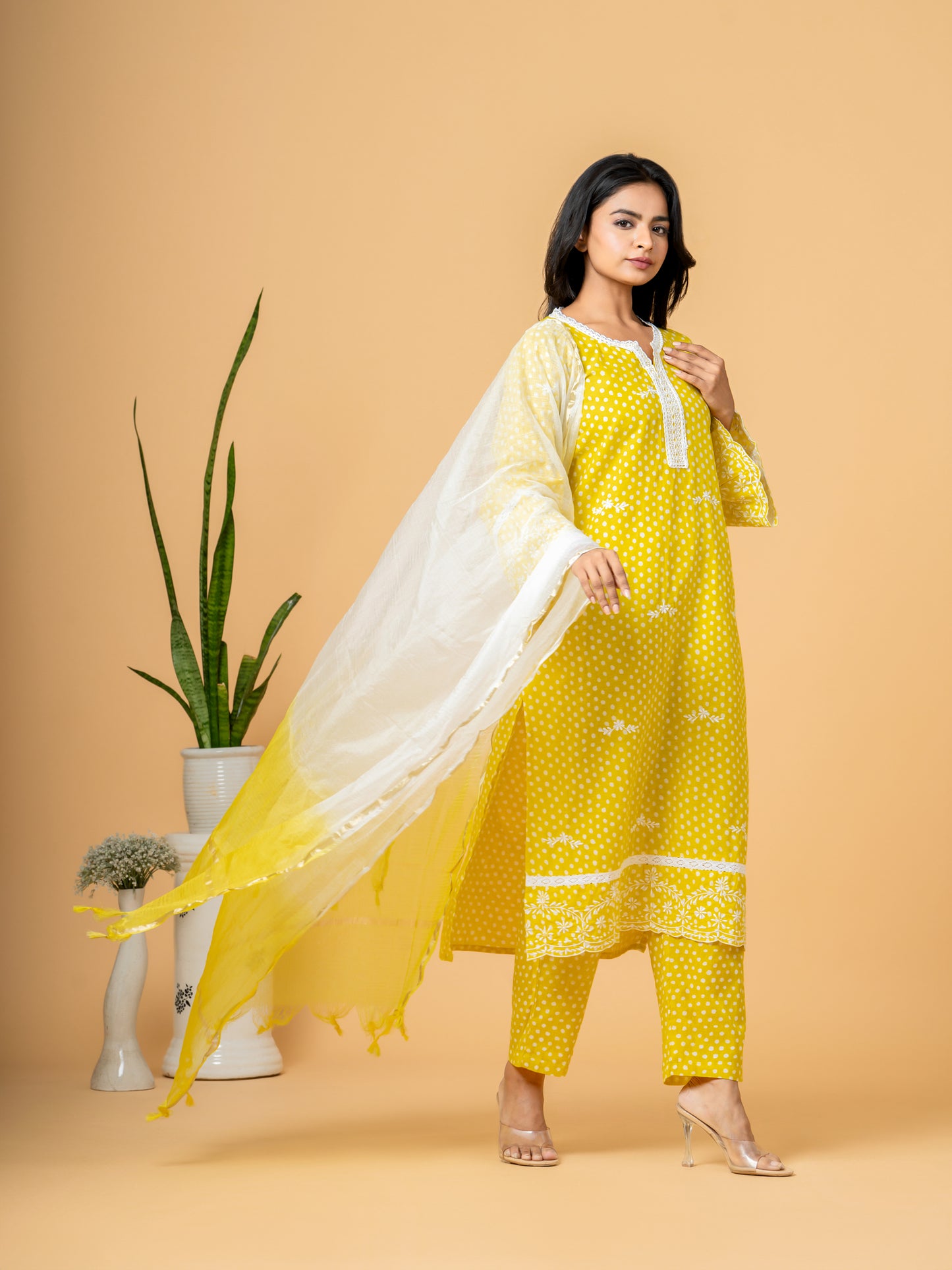 Yellow Polka Dot Lace Work Cotton Suit