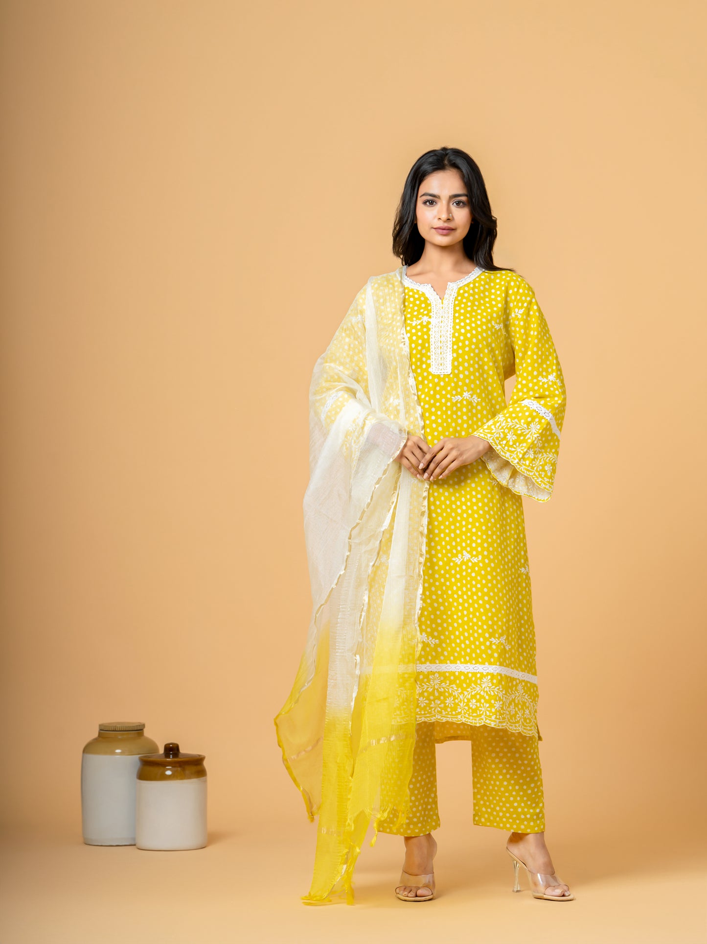 Yellow Polka Dot Lace Work Cotton Suit