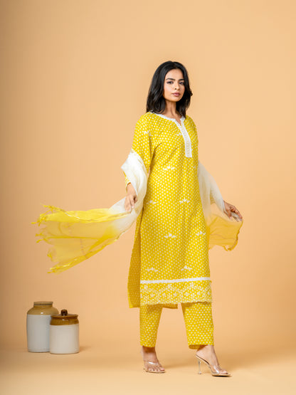 Yellow Polka Dot Lace Work Cotton Suit