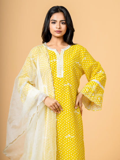 Yellow Polka Dot Lace Work Cotton Suit