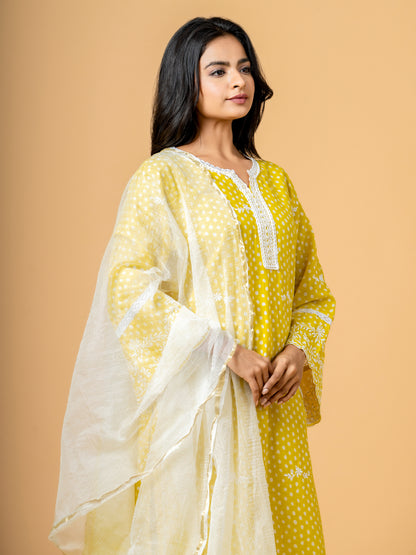 Yellow Polka Dot Lace Work Cotton Suit