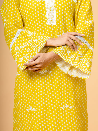 Yellow Polka Dot Lace Work Cotton Suit