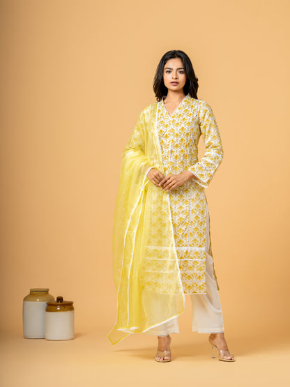 Yellow Jaal Beads & Sequence Work Cotton Suit