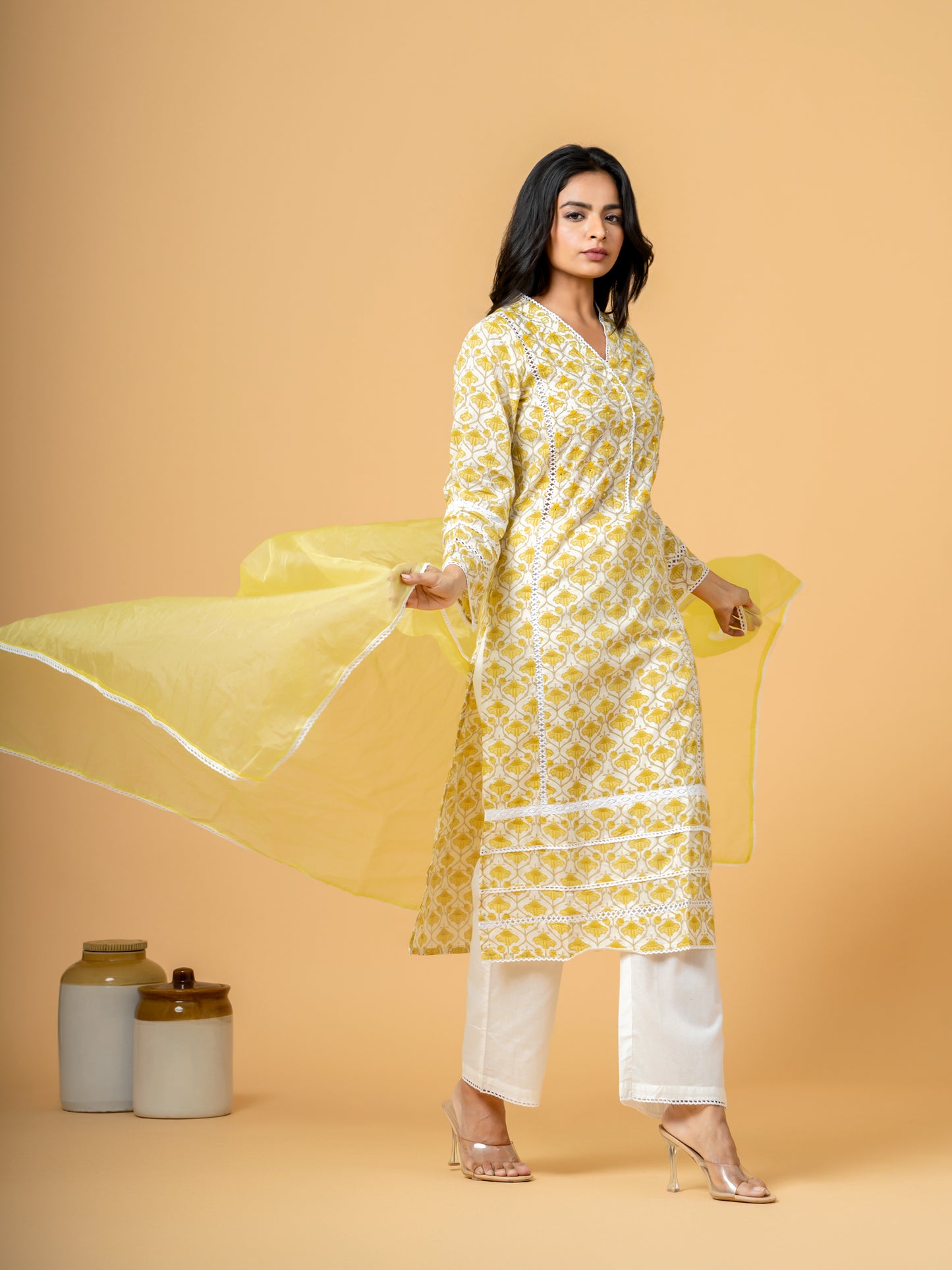 Yellow Jaal Beads & Sequence Work Cotton Suit