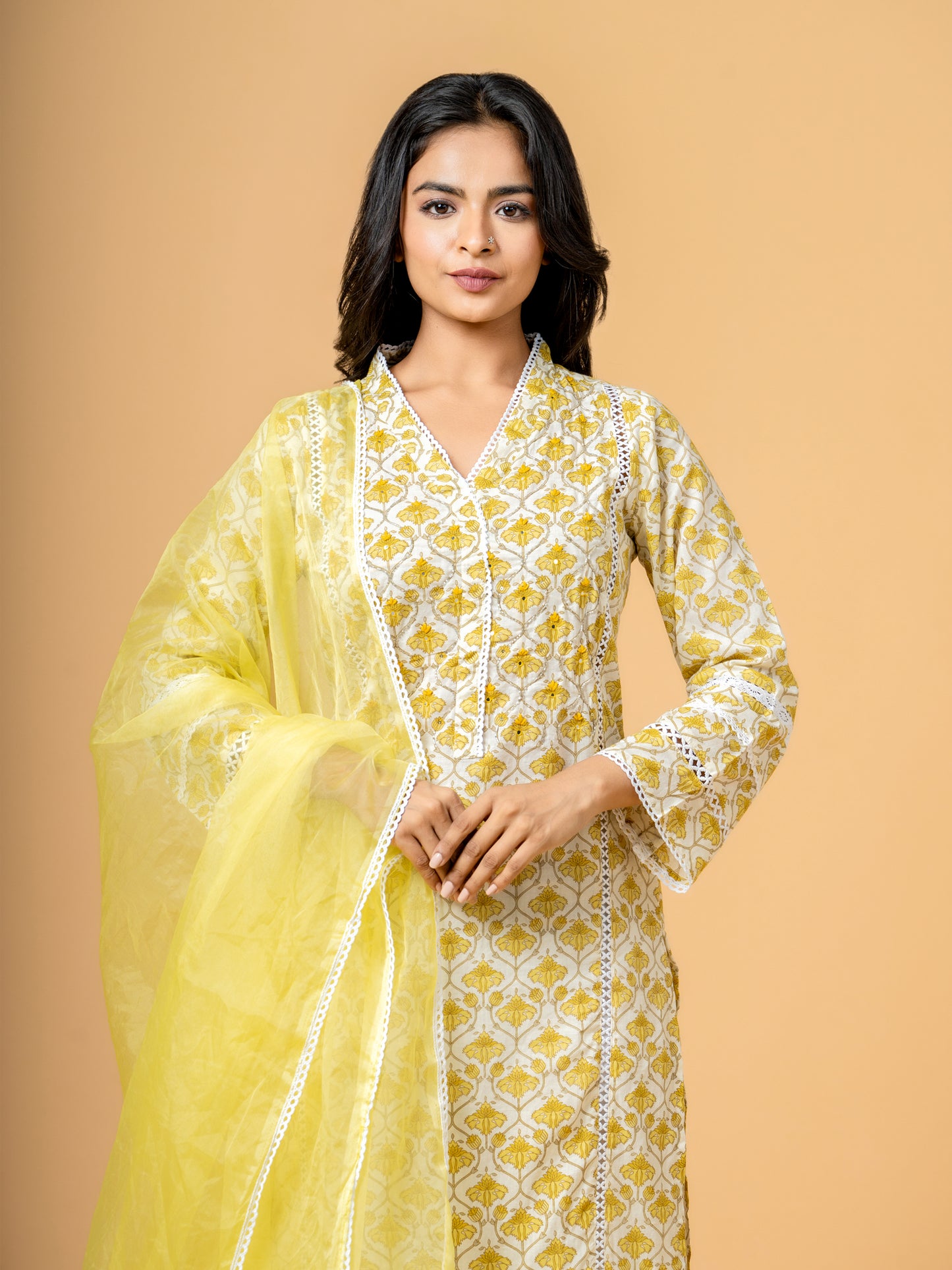 Yellow Jaal Beads & Sequence Work Cotton Suit