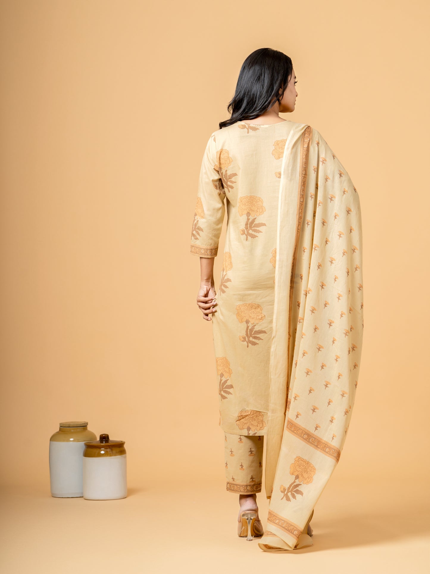 Sahara Beige Block Print Angrakha Cotton Suit