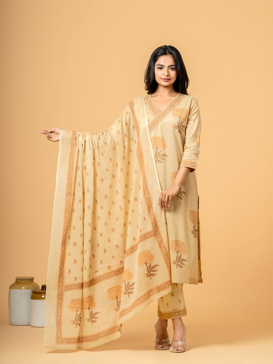 Sahara Beige Block Print Angrakha Cotton Suit