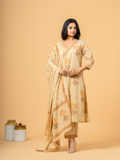 Sahara Beige Block Print Angrakha Cotton Suit