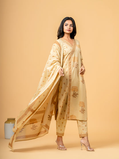 Sahara Beige Block Print Angrakha Cotton Suit