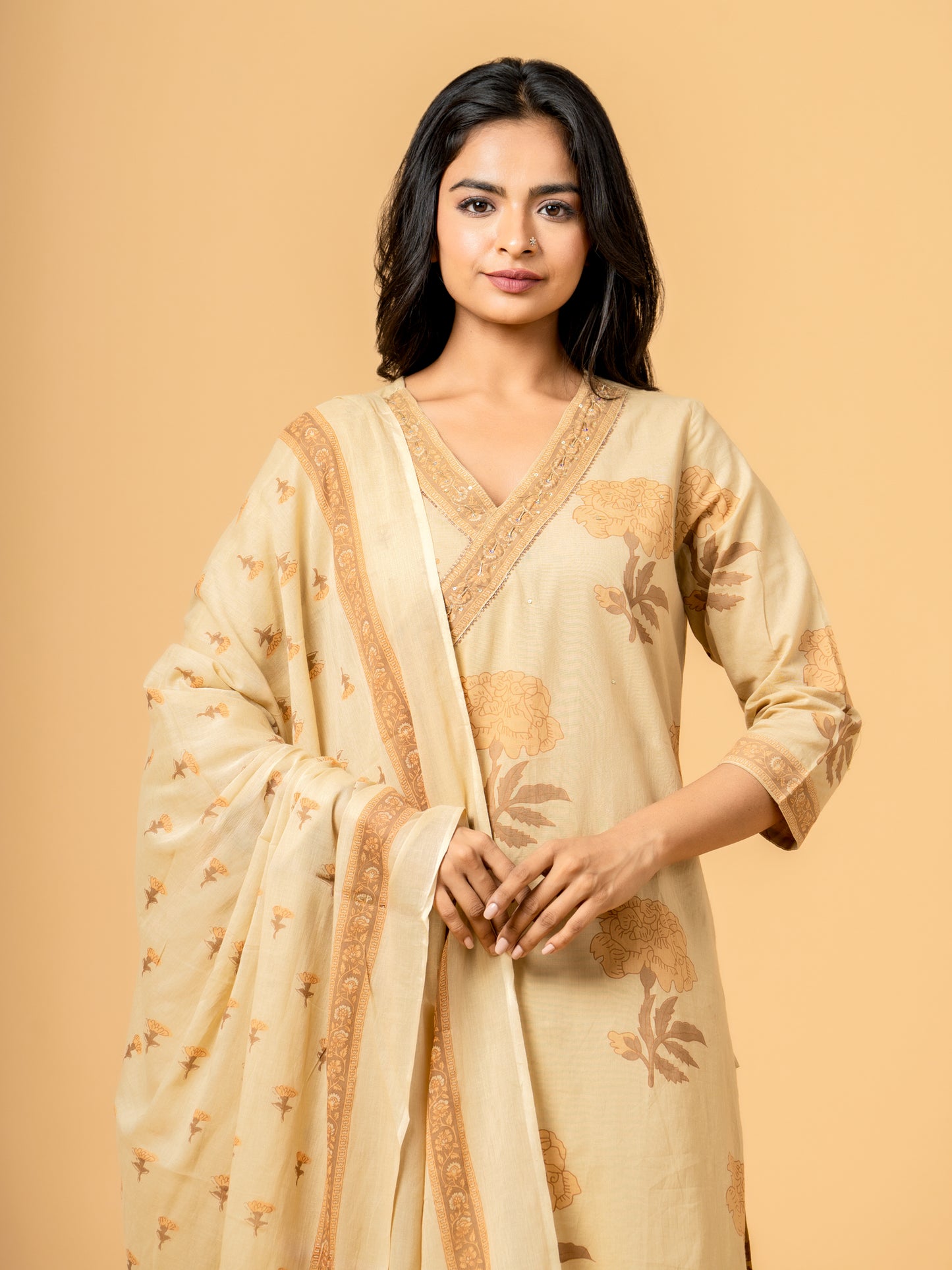 Sahara Beige Block Print Angrakha Cotton Suit