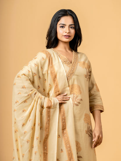 Sahara Beige Block Print Angrakha Cotton Suit