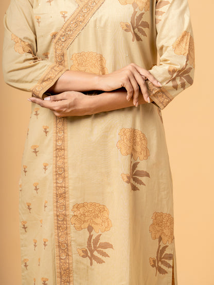 Sahara Beige Block Print Angrakha Cotton Suit