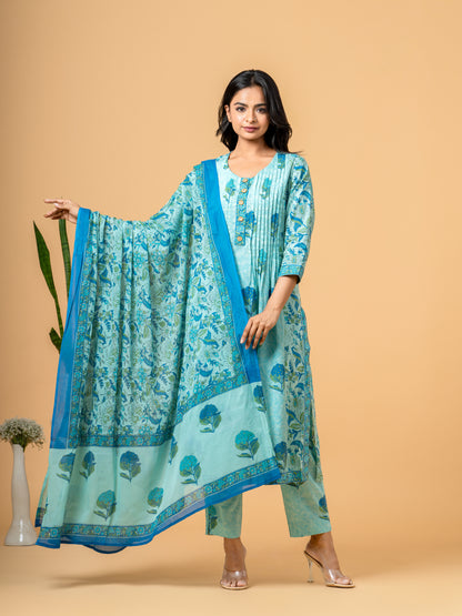 Lakshdweep Aqua Blue Floral Cotton Suit