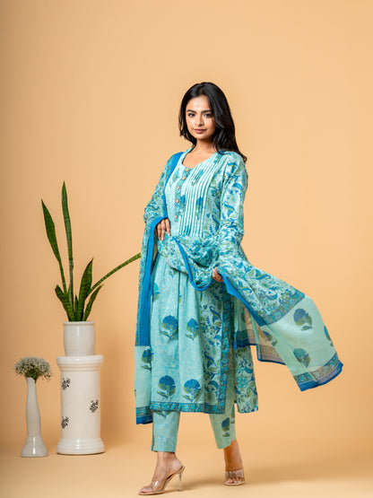 Lakshdweep Aqua Blue Floral Cotton Suit