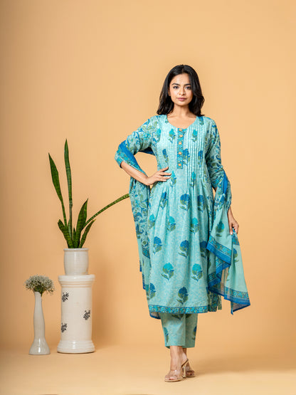 Lakshdweep Aqua Blue Floral Cotton Suit