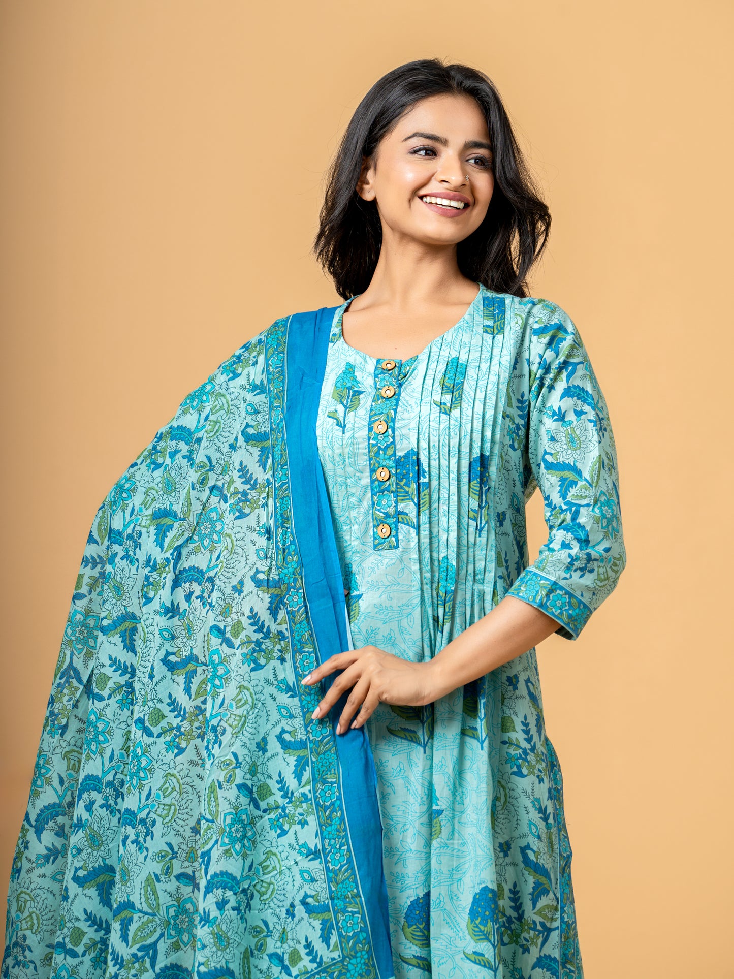 Lakshdweep Aqua Blue Floral Cotton Suit