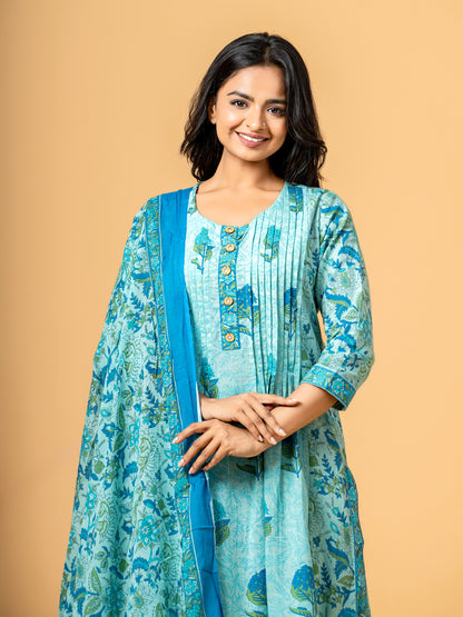 Lakshdweep Aqua Blue Floral Cotton Suit