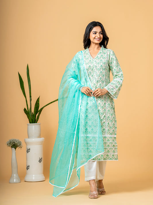 Blue Jaal Beads & Sequence Work Cotton Suit