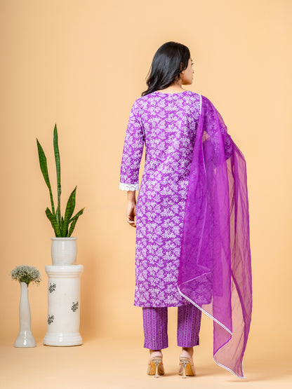 Floral Purple Lace Work Cotton Suit