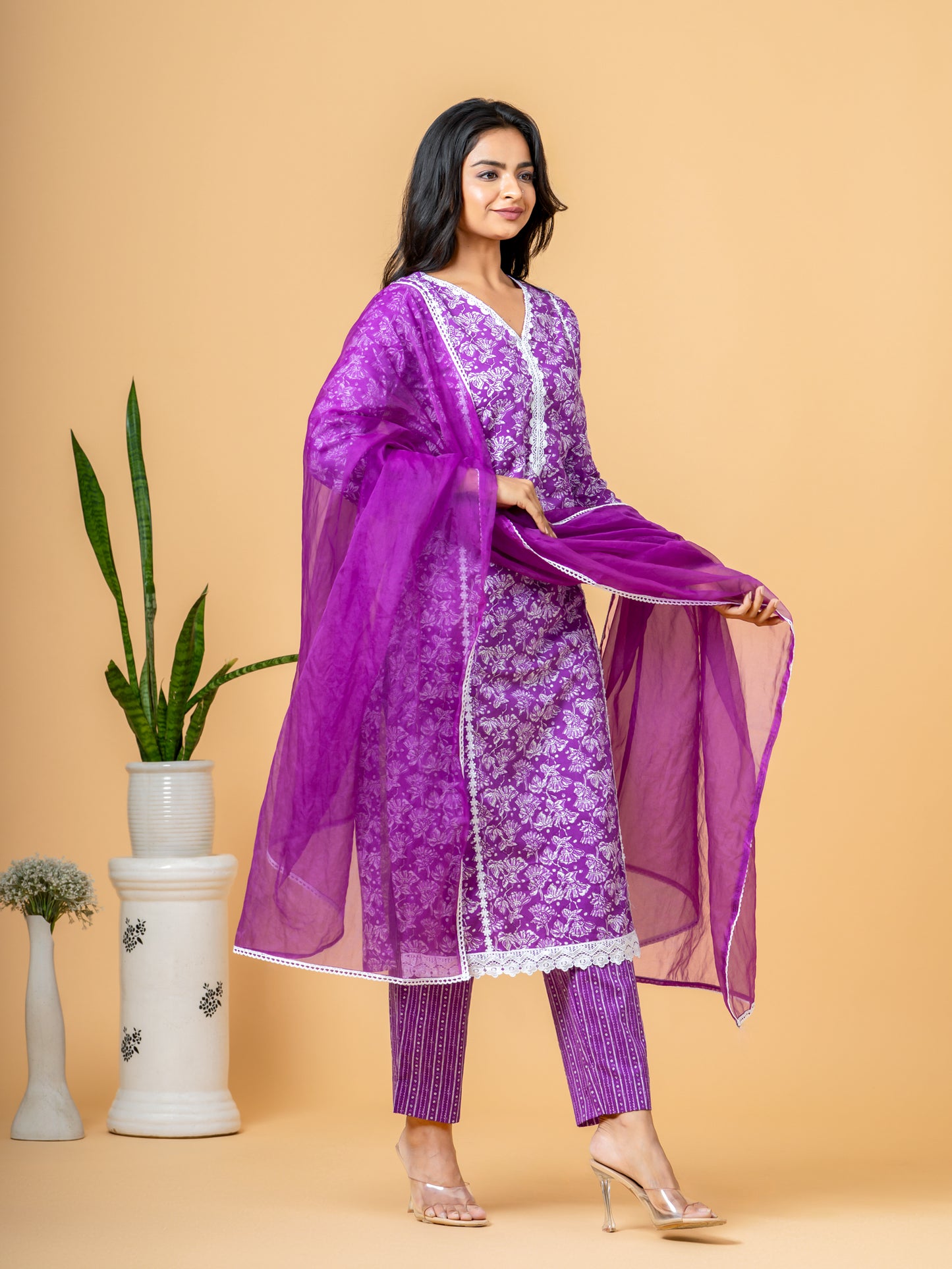 Floral Purple Lace Work Cotton Suit