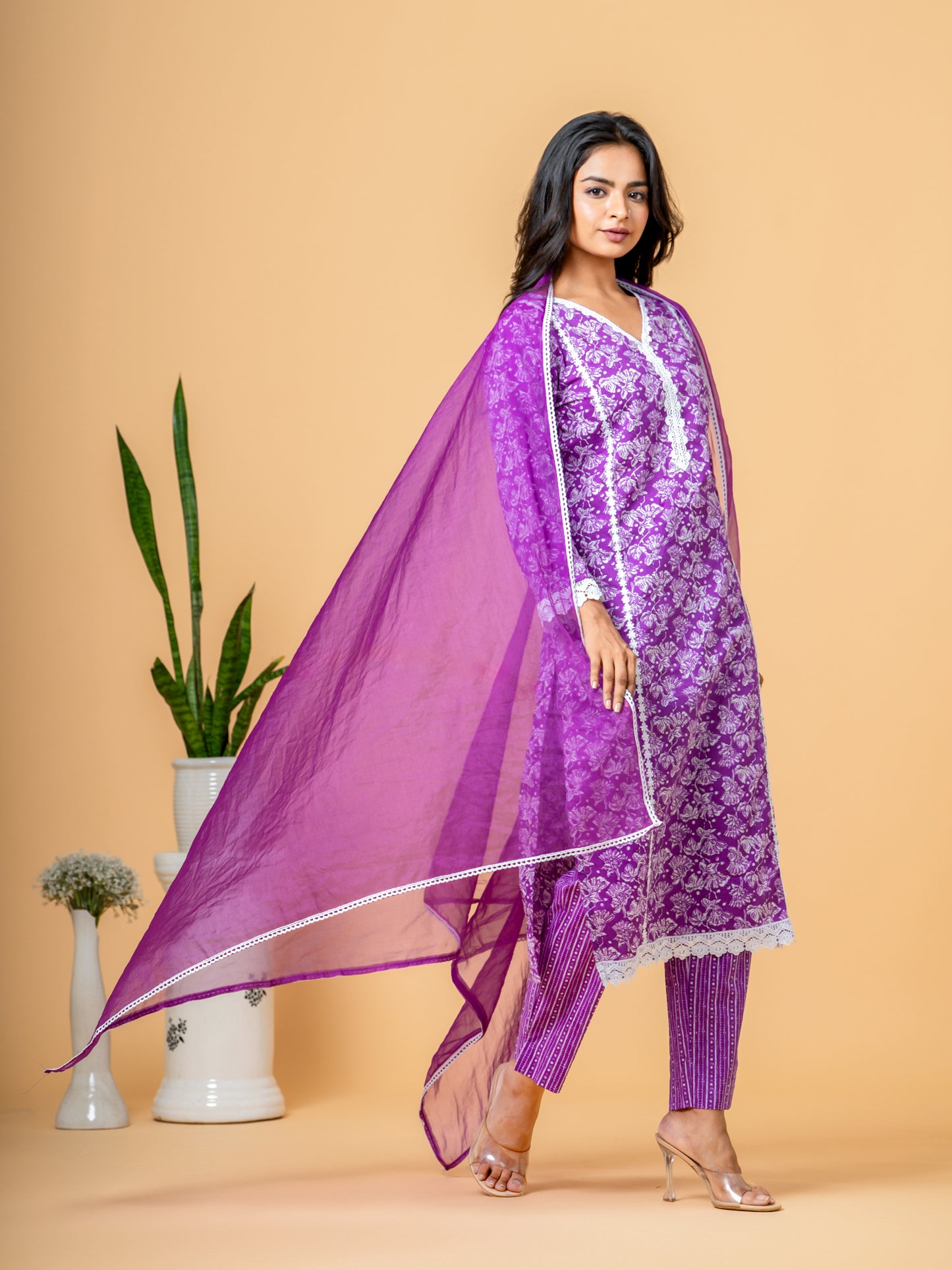 Floral Purple Lace Work Cotton Suit