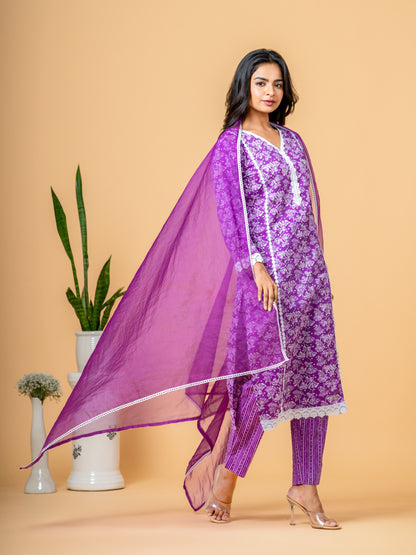 Floral Purple Lace Work Cotton Suit