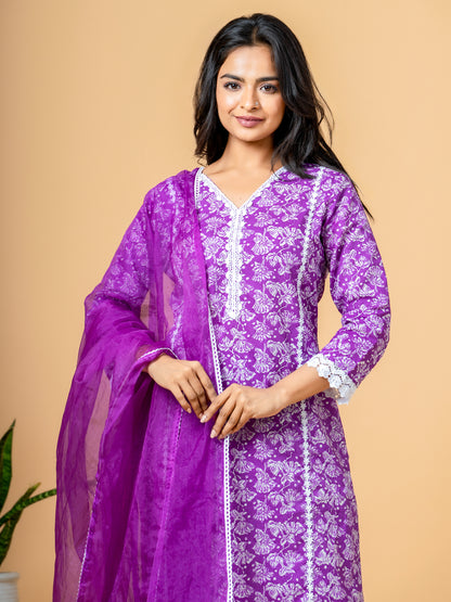 Floral Purple Lace Work Cotton Suit