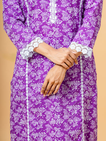 Floral Purple Lace Work Cotton Suit