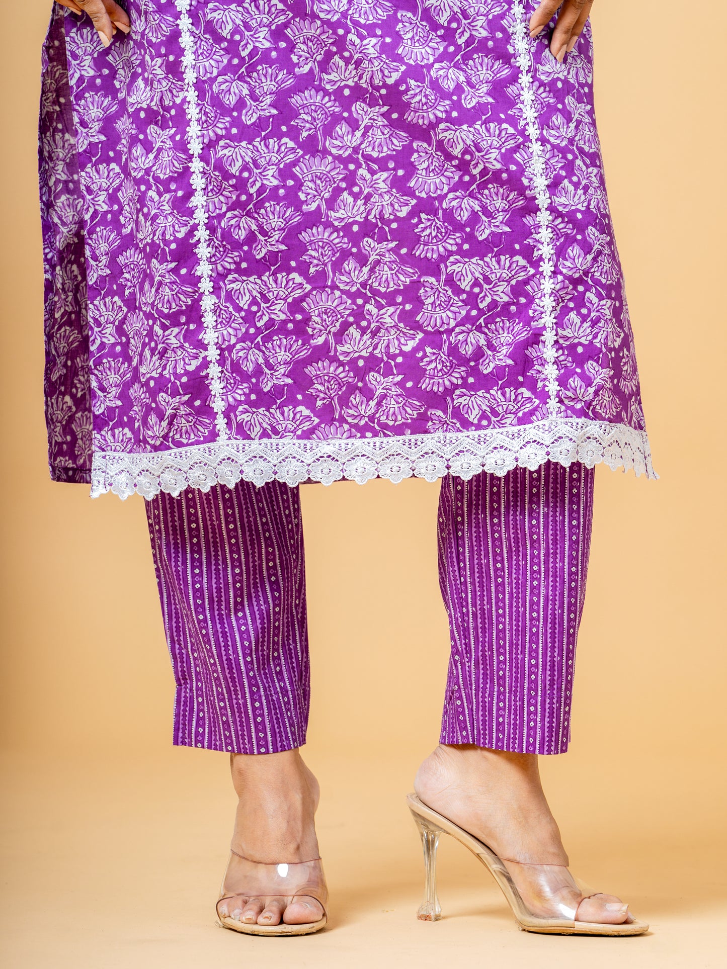 Floral Purple Lace Work Cotton Suit