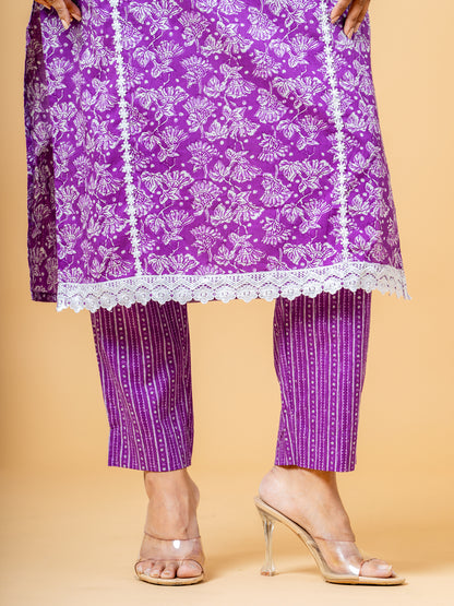 Floral Purple Lace Work Cotton Suit