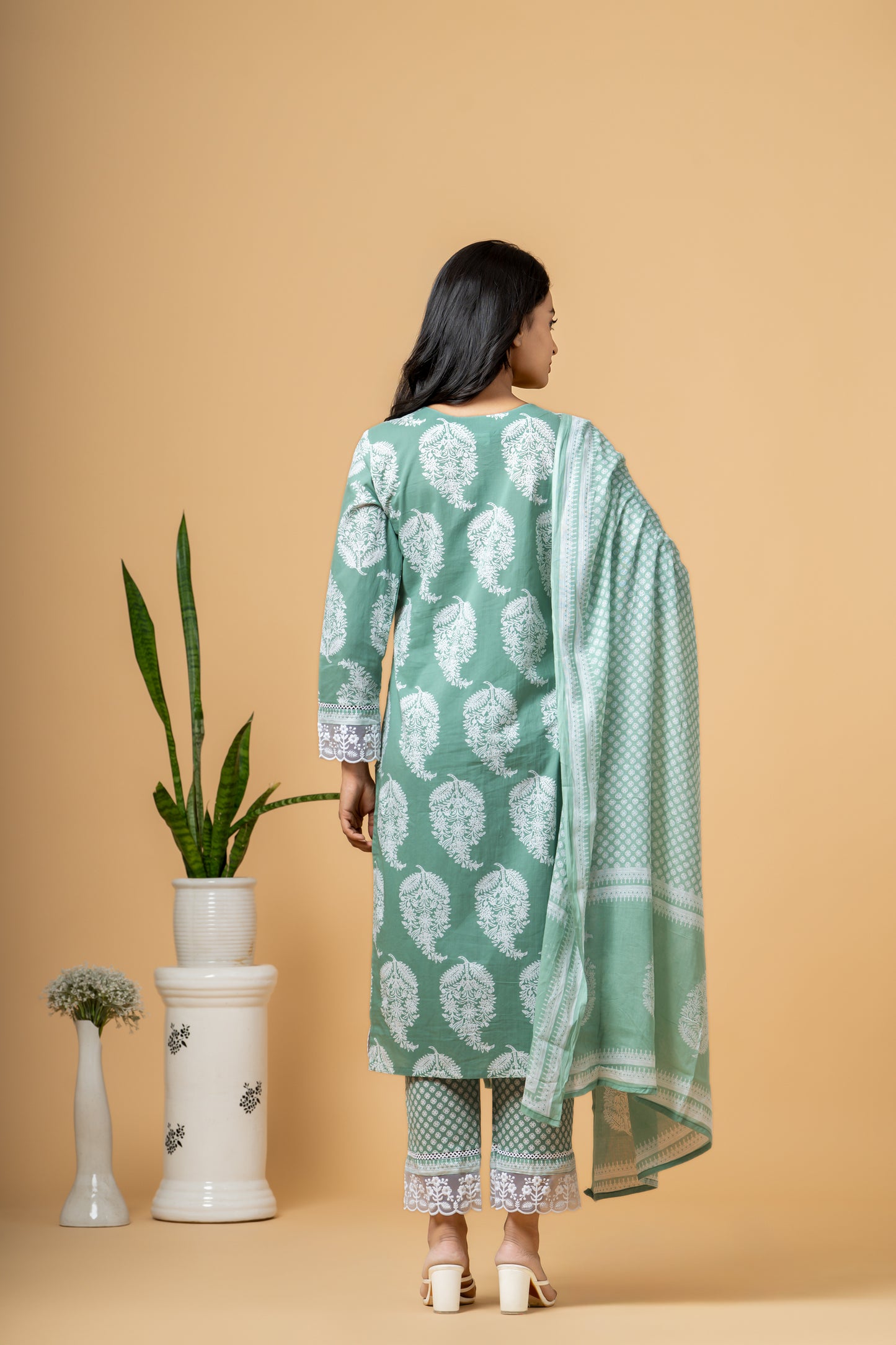 Seaweed Green Paisley Block Print Cotton Suit