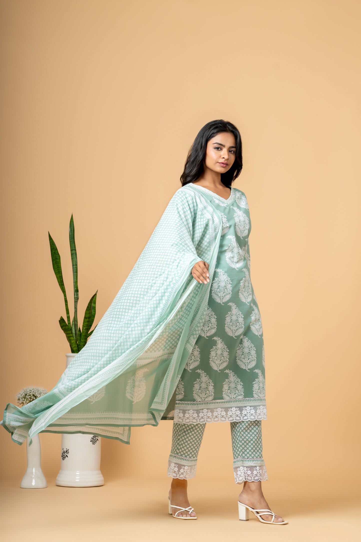 Seaweed Green Paisley Block Print Cotton Suit