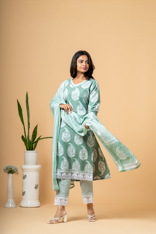 Seaweed Green Paisley Block Print Cotton Suit