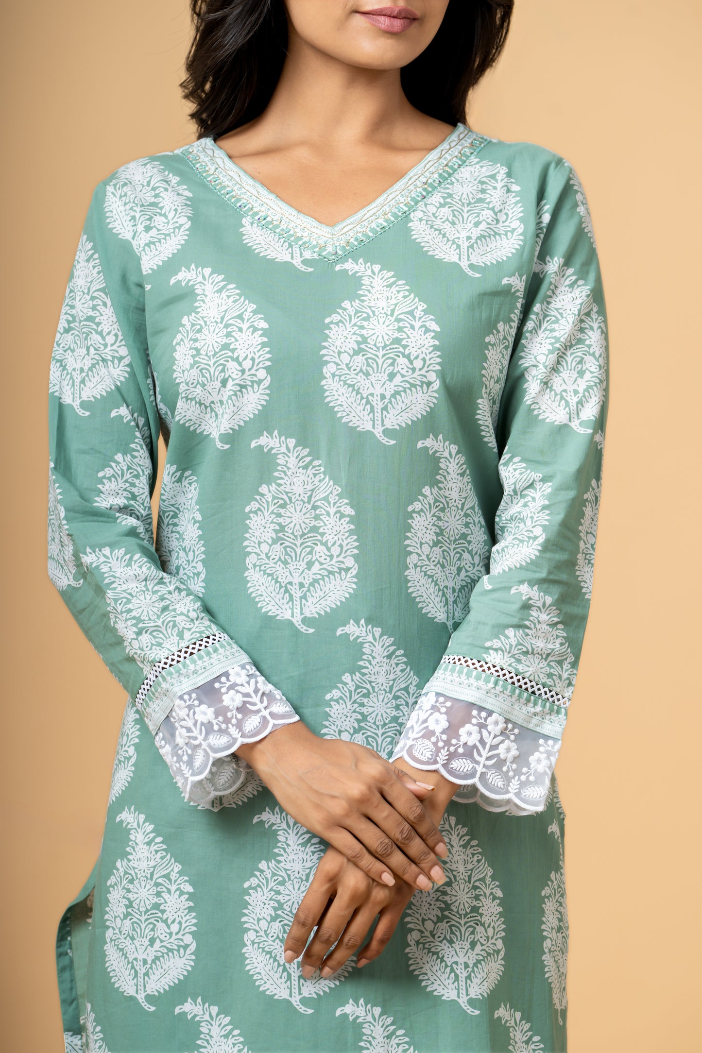 Seaweed Green Paisley Block Print Cotton Suit