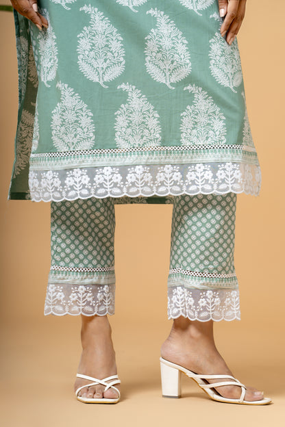 Seaweed Green Paisley Block Print Cotton Suit