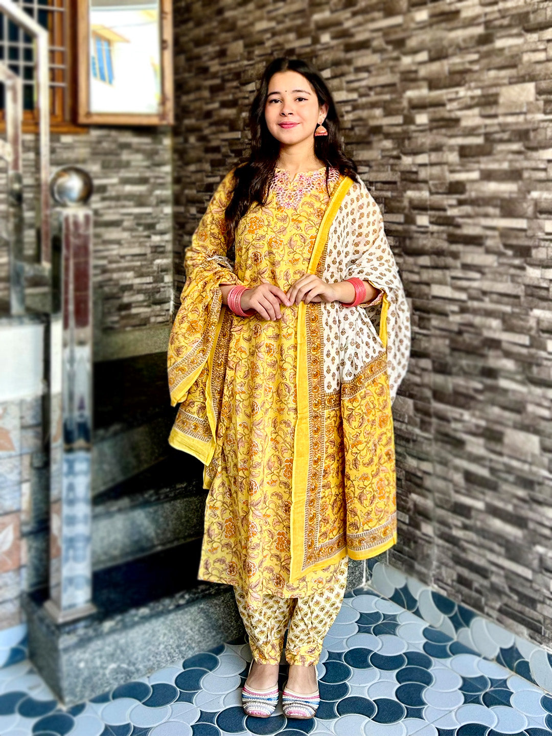 Classic Yellow Flower Printed Afghani Cotton Suit