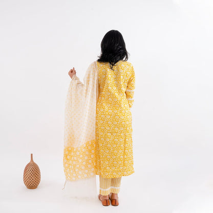 Amber Yellow Floral Print with Lace Work Cotton Suit - Cottonsdaily