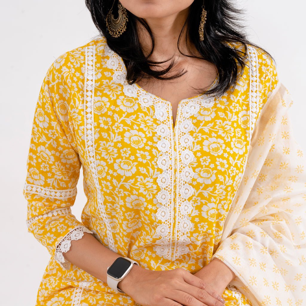 Amber Yellow Floral Print with Lace Work Cotton Suit - Cottonsdaily