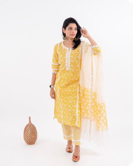 Amber Yellow Floral Print with Lace Work Cotton Suit - Cottonsdaily