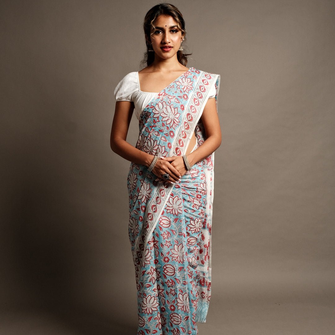 Aqua Blue Lotus Handblock Print Mul Cotton Saree - Cottonsdaily