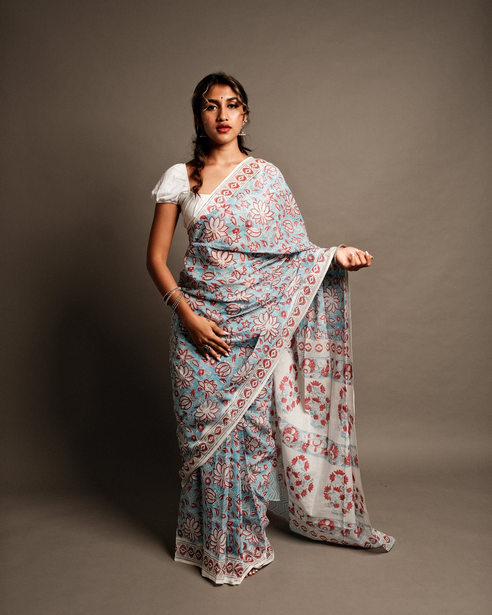 Aqua Blue Lotus Handblock Print Mul Cotton Saree - Cottonsdaily