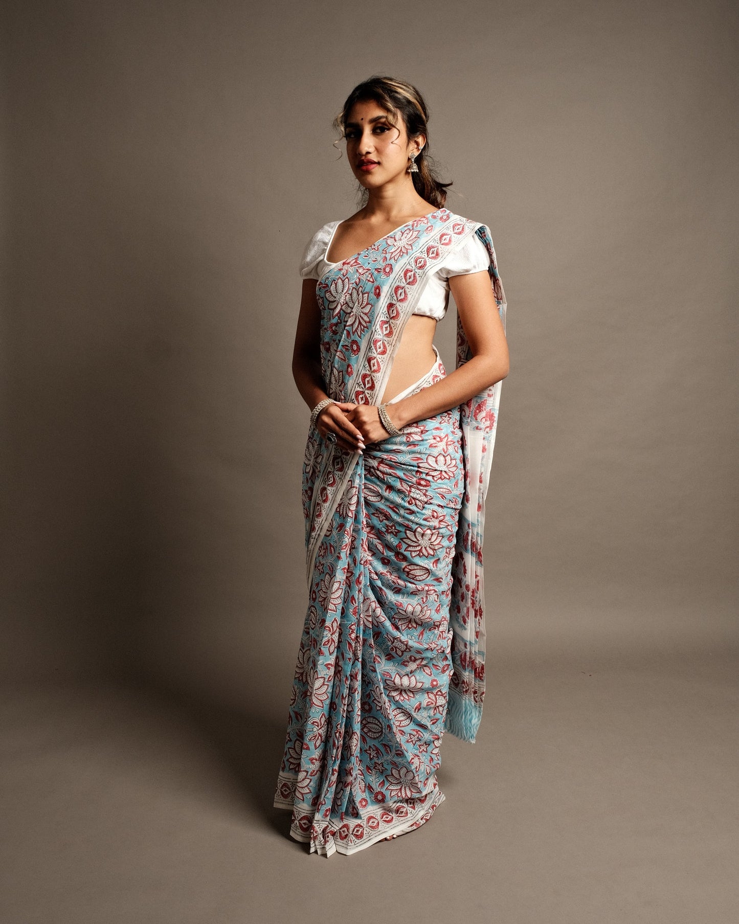 Aqua Blue Lotus Handblock Print Mul Cotton Saree - Cottonsdaily