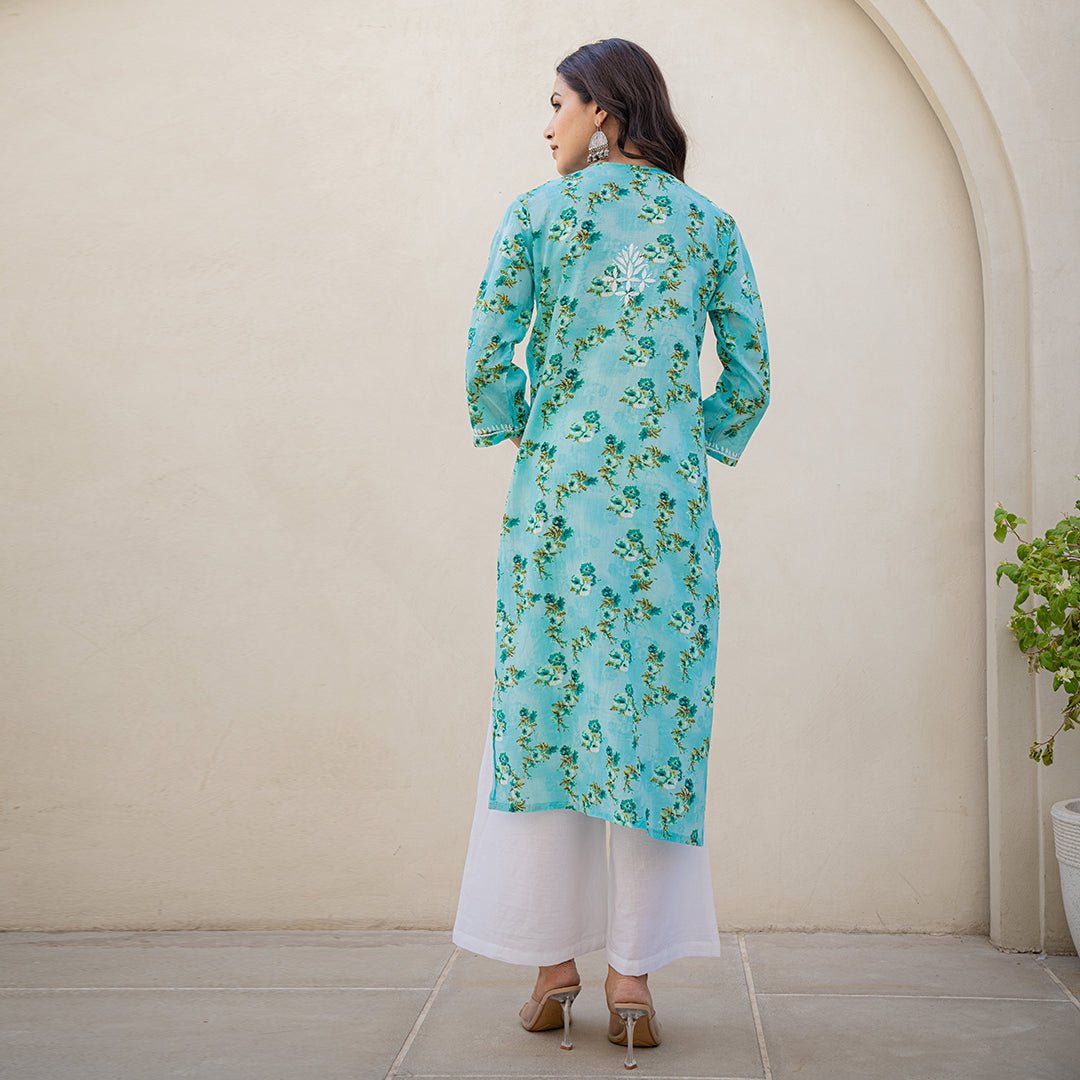 Aqua Blue Printed Hand - Chikankari Cotton Kurta - Cottonsdaily